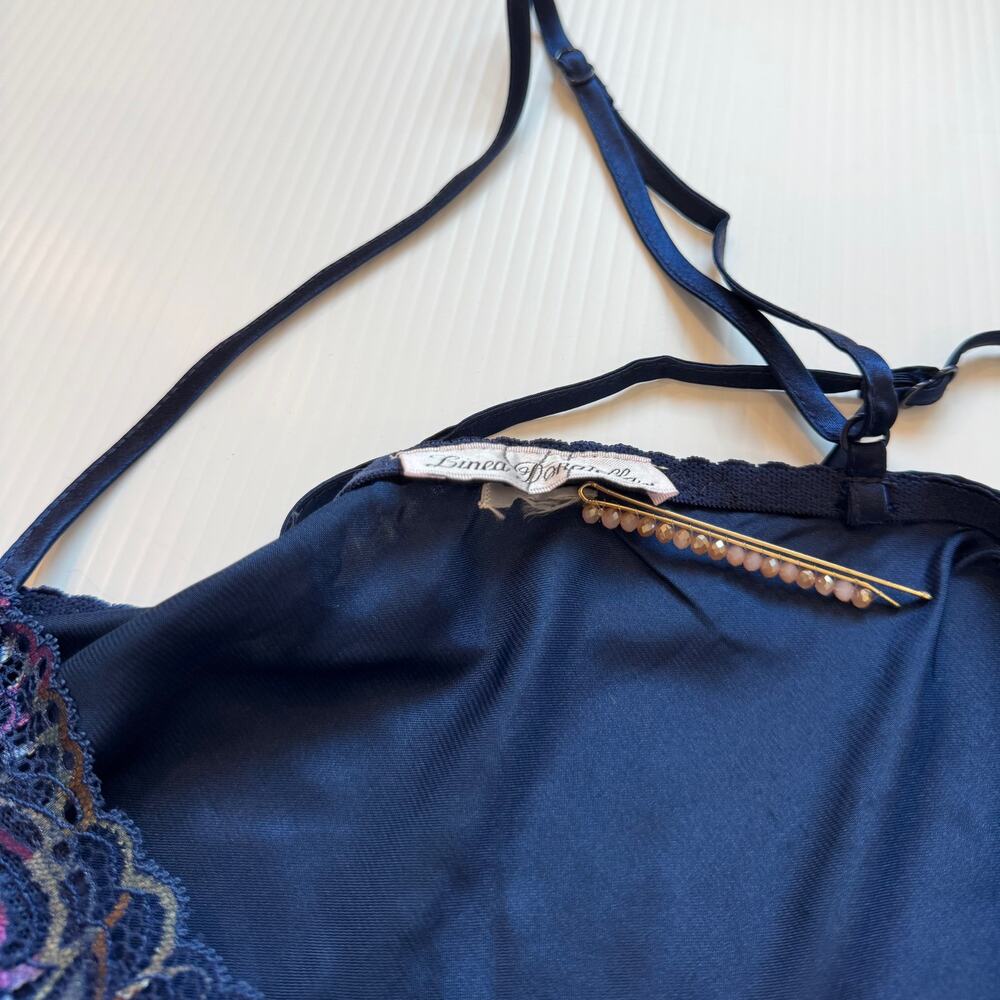 Y2K Satin Lace Babydoll Camisole Navy Lingerie Style Coquette Going Out Top Vtg - Picture 10 of 16